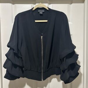 Cache Black Bomber Jacket with Ruffled Sleeves